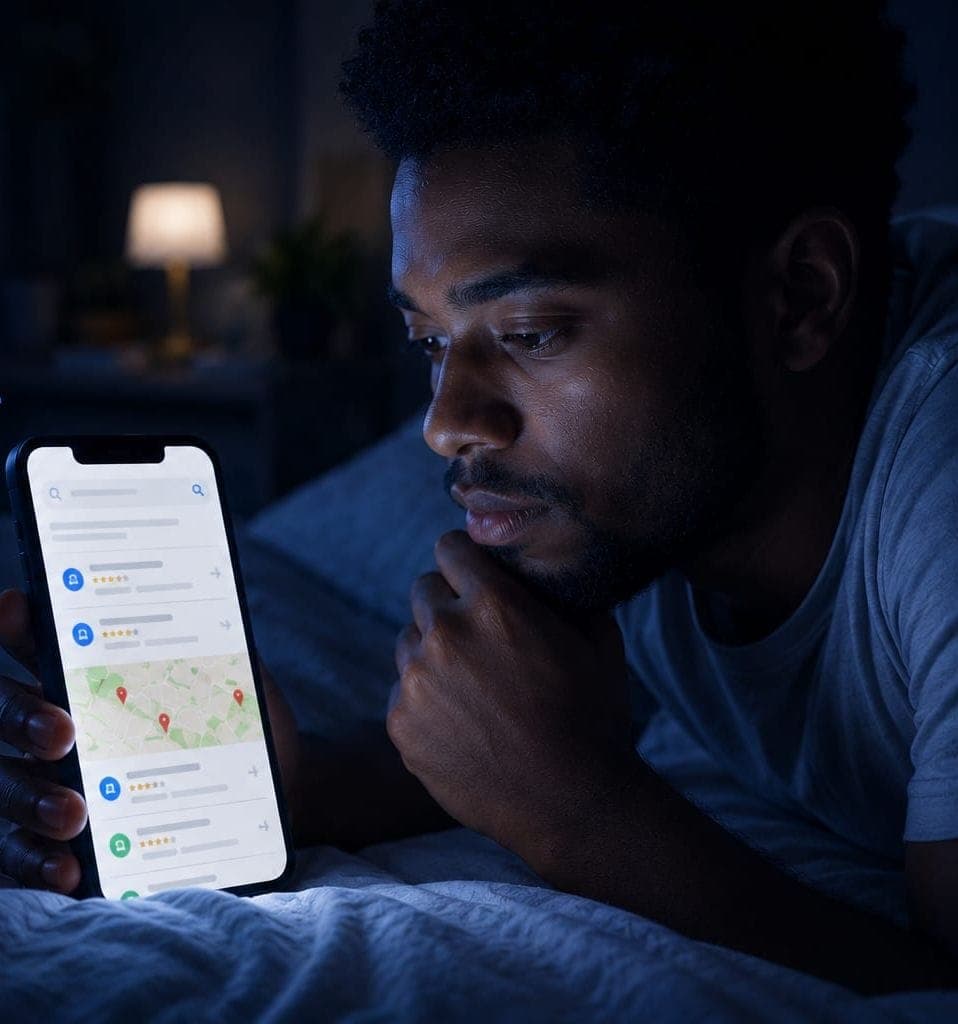 Someone searching for a local service late at night on their phone in bed