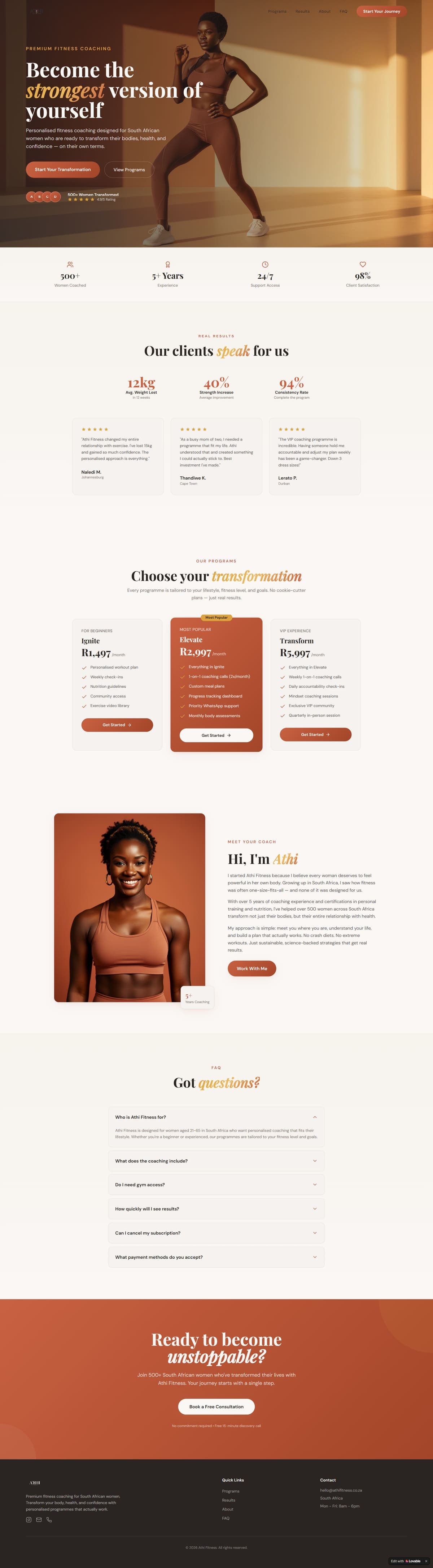 Athi Fitness website: premium fitness coaching for South African women