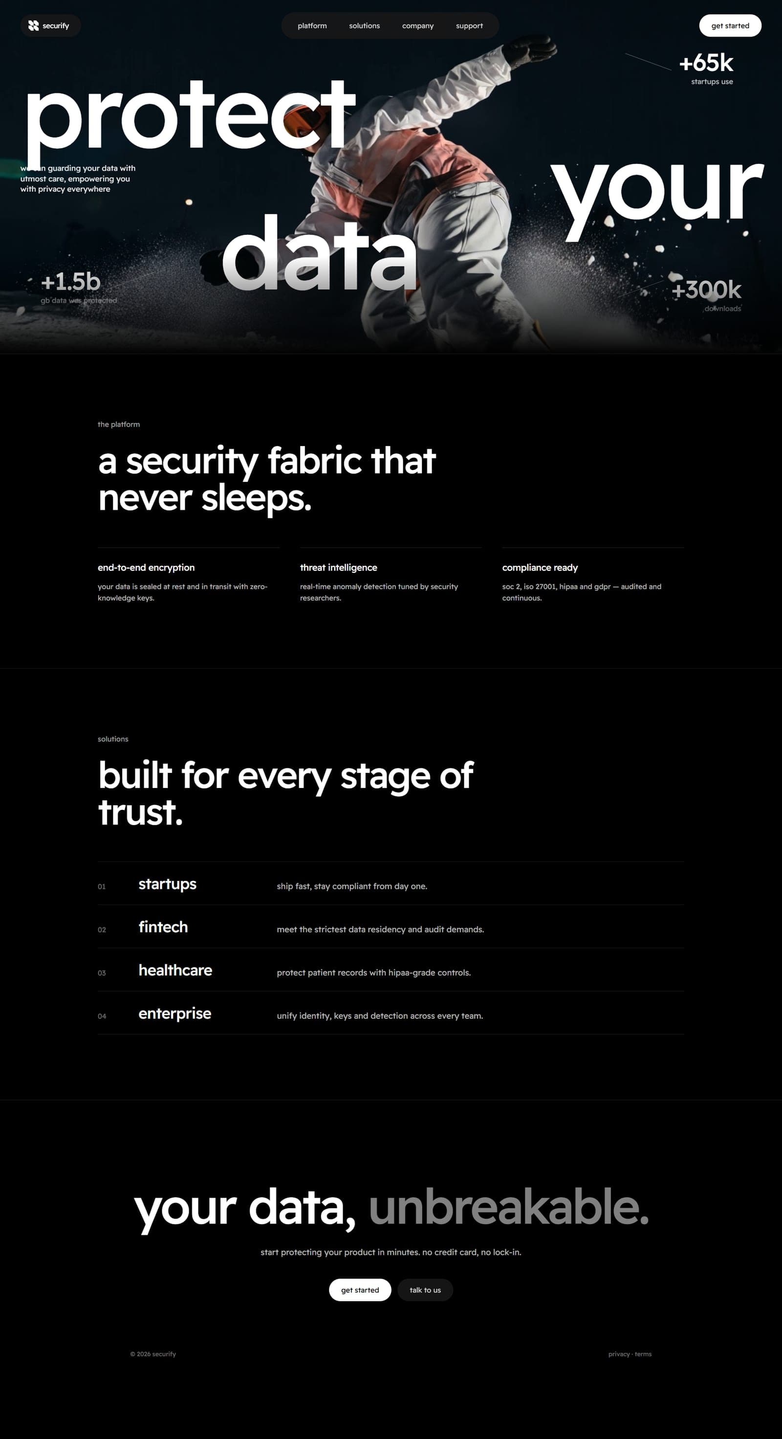Securify studio build: a full-bleed video hero with split display type
