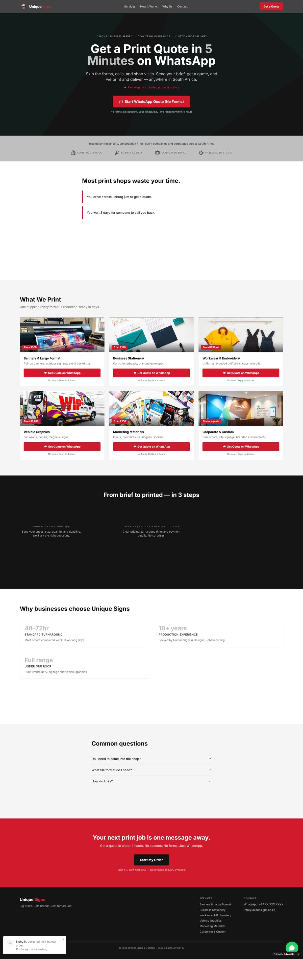 Unique Signs website: get a print quote in five minutes on WhatsApp