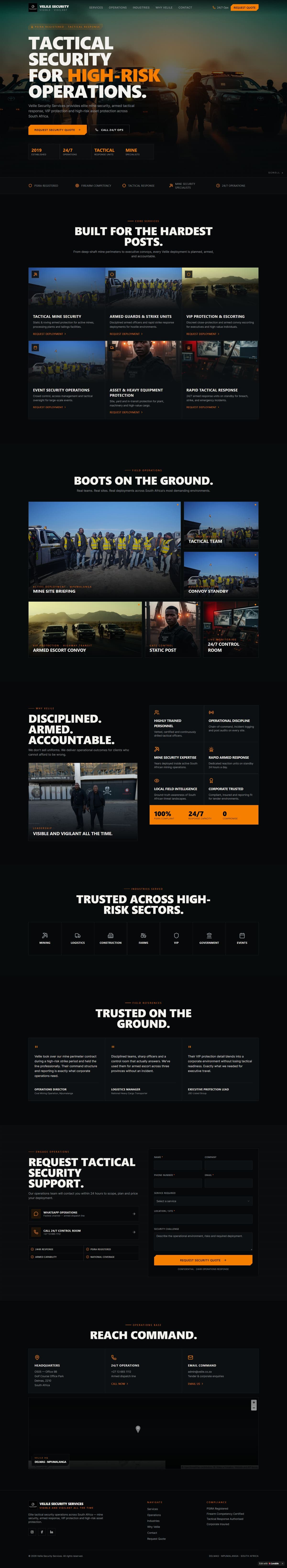 Velile Security Services website: tactical security for high-risk operations