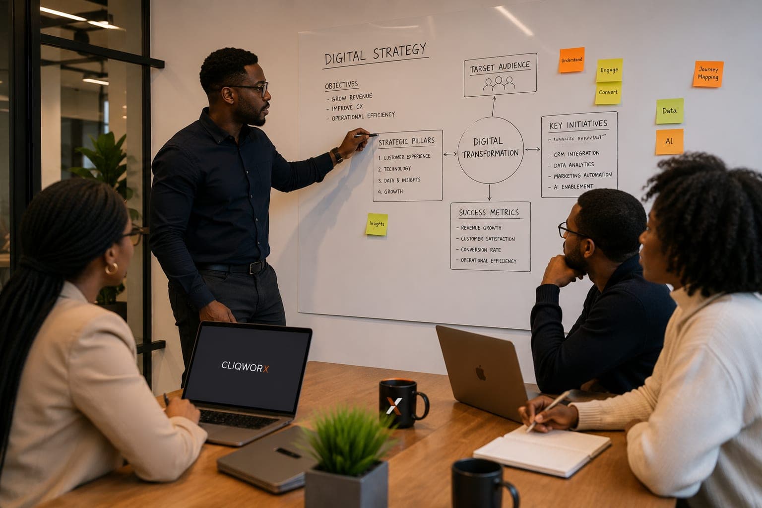 Digital strategy discovery workshop, mapping priorities on a whiteboard