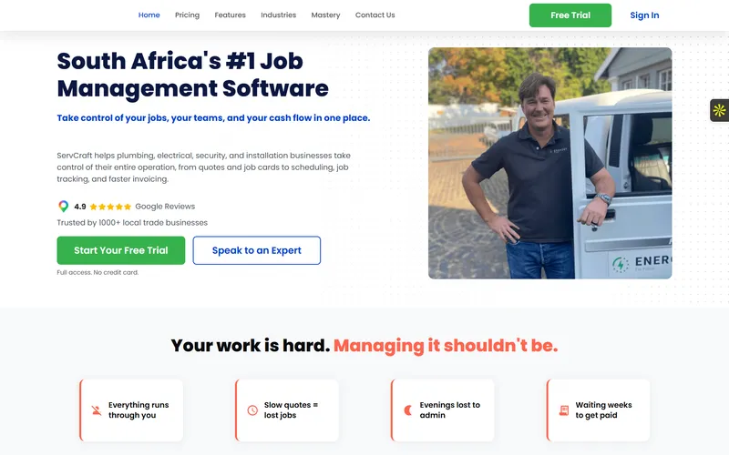 ServCraft website — self-serve quoting platform